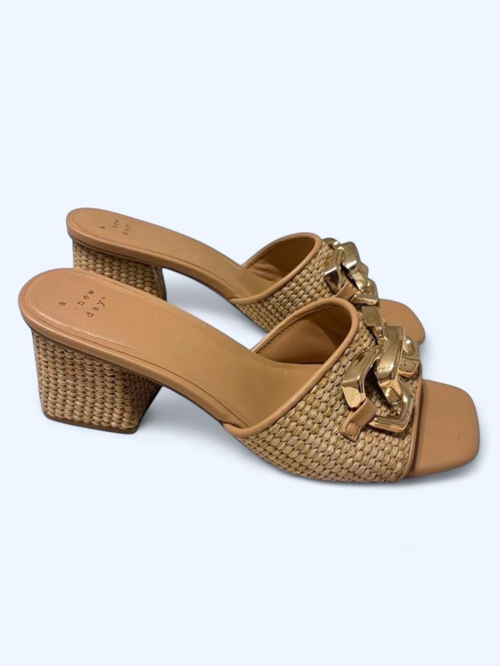 Woven Tan Block Heel Slide Sandals with Gold Chain Detail